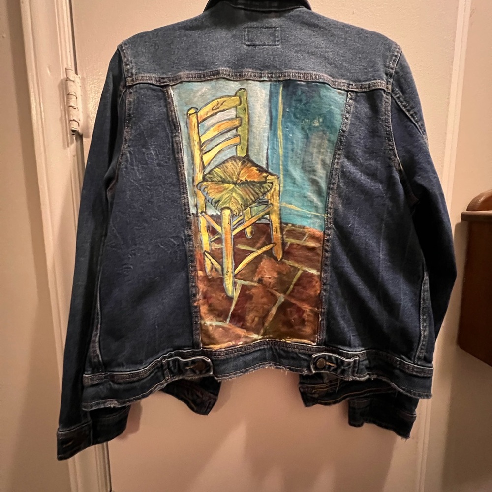Hand-Painted Denim Jacket with Chair Design